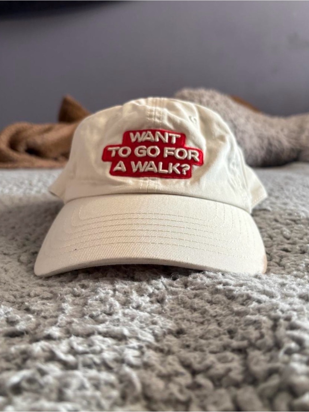 Cream Baseball Cap with Red Patch - WANT TO GO FOR A WALK?